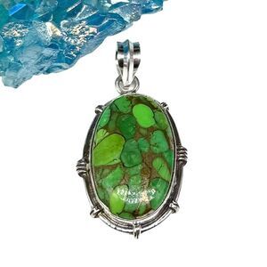 Kingman Green Mohave Turquoise Necklace Pendant Solid 925 Sterling Silver Oval